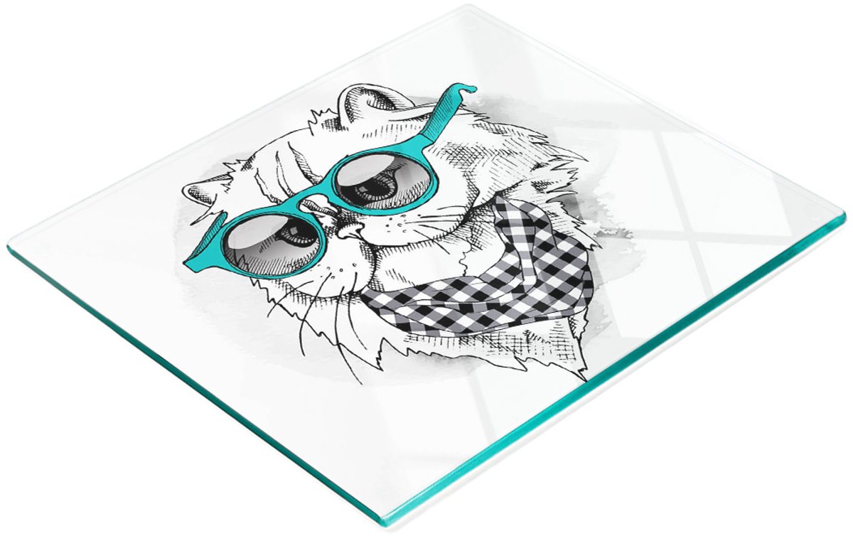 Glazen serveerplank met afbeelding van een kat met een bril, 60x52 cm
