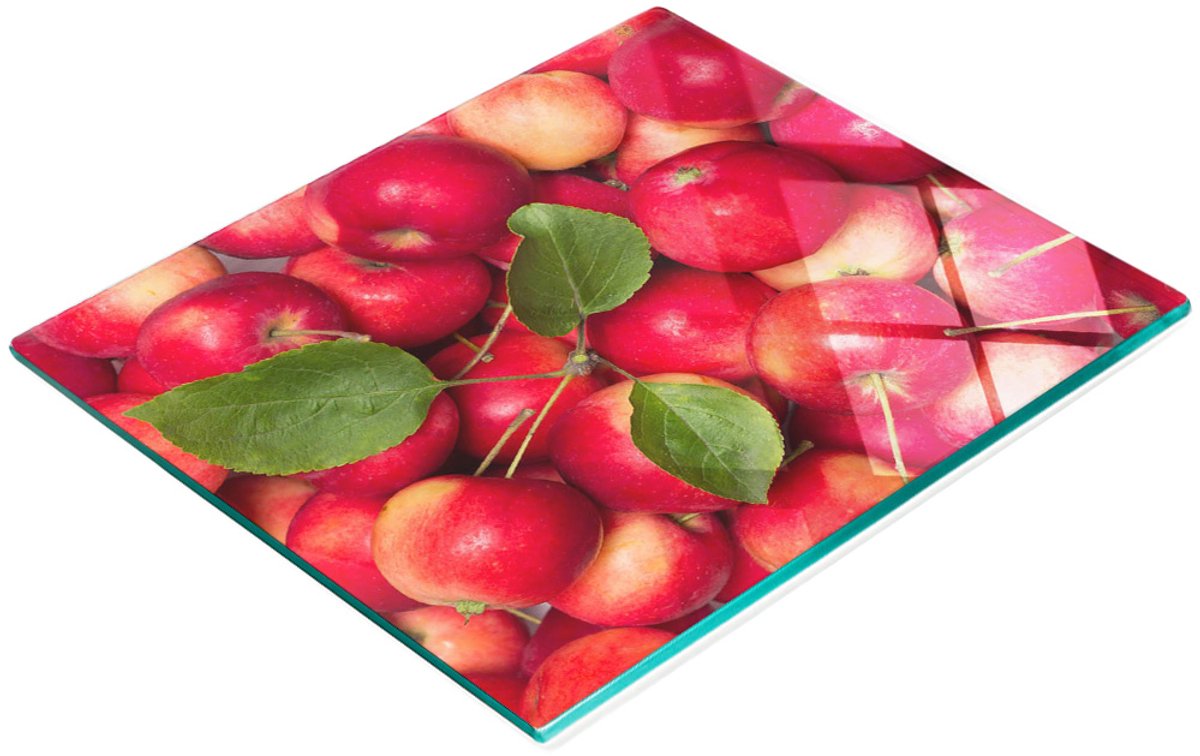 Duurzame en stijlvolle glazen snijplank met rood appelpatroon 60x52 cm