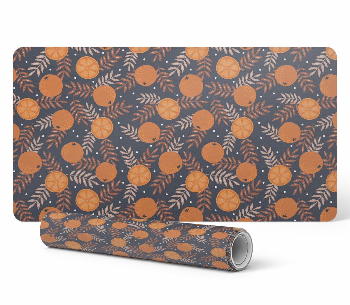 Antislip muis- en toetsenbordmat met sinaasappel- en bladmotief, 120x60 cm