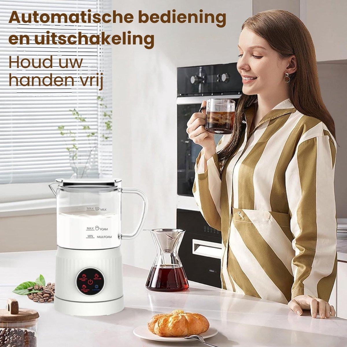 Elektrische Melkopschuimer 4-in-1 – Warm & Koud Melkschuim – Automatische Melkklopper – Stil & Snel – Voor Cappuccino, Latte & Koffie – Anti-aanbak – 300ml — cadeau in Kookcadeaus - foto 2