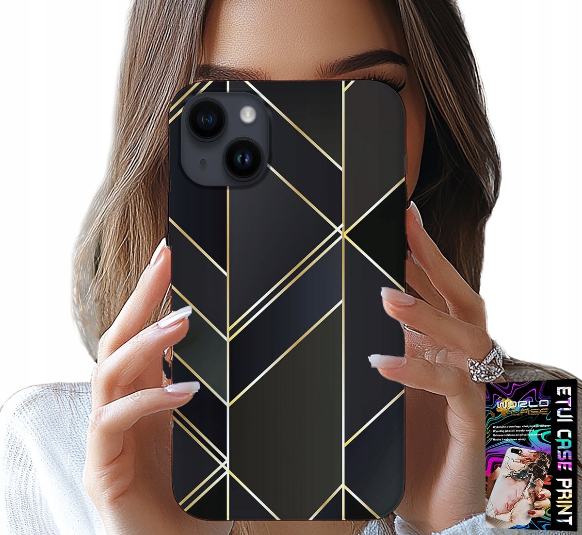 iPhone 15 Plus hoesje - Gouden frame, elegante patronen + glas