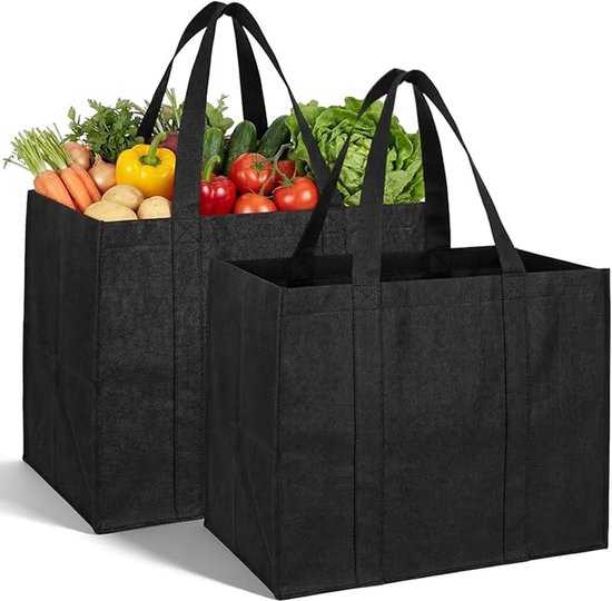 Lot de 2 grands sacs de courses de luxe - Sacs de courses XL - 41x33x26cm - Capacité de charge max. 30kg - Pliables et autoportants - Noir