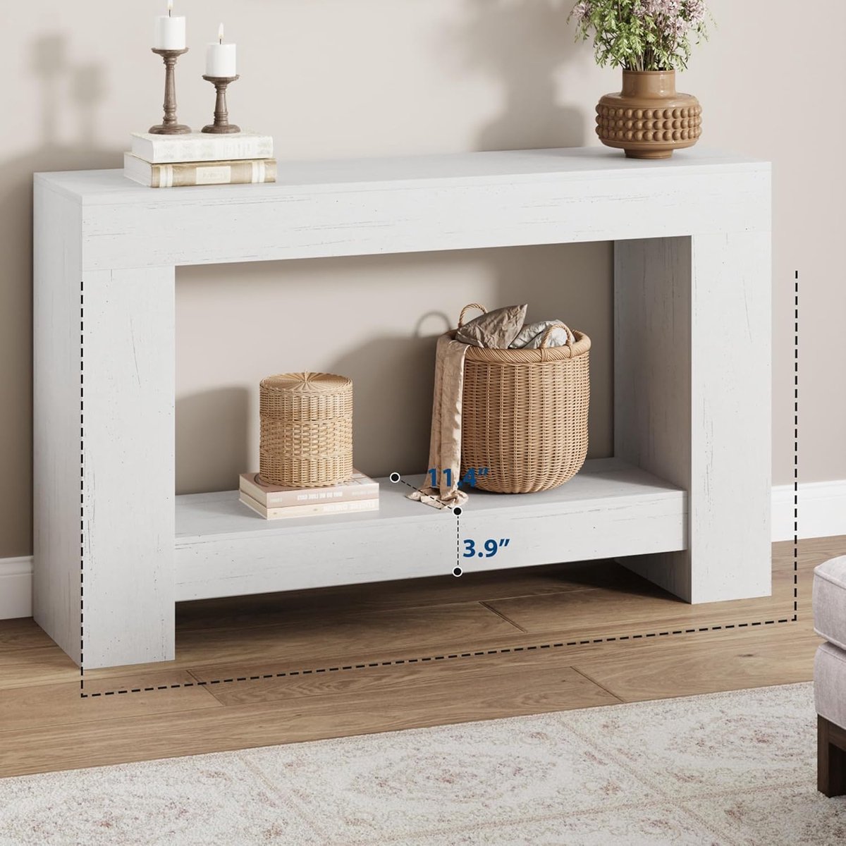 Haltafel - Bijzettafel - 120 cm lange bijzettafel in boerderijstijl - Lange bijzettafel met twee planken en opbergruimte - Bijzettafel in antiek wit - Geschikt voor de woonkamer, hal en gang - 120 × 80 × 30 cm
