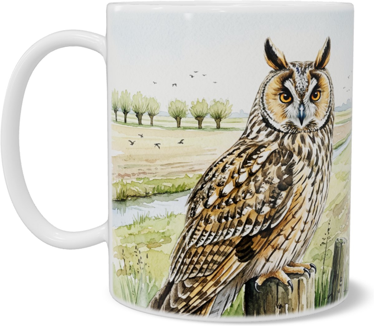 Ransuil op Hekwerk in Agrarisch Polderlandschap Mok - Aquarel Series Vogel Koffiebeker The