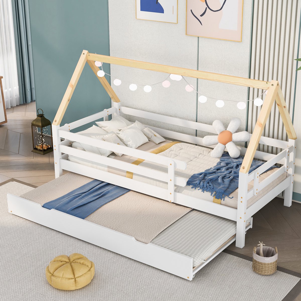 MODENUIT Huisbed 90x200 cm – Uitschuifbed met Rollen – Vierzijdige Bedhekken – Zonder matras – Grenenhout – Wit/Natuur