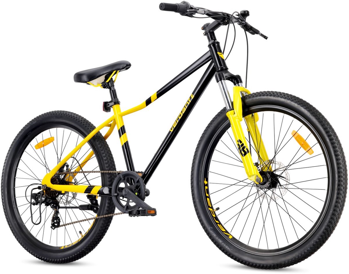 VERDANT CALIX Mountainbike 26", MTB-fiets voor dames en heren, fiets 6 inch - vering, schijfremmen, 7 versnellingen - Zwart-Geel – foto 7