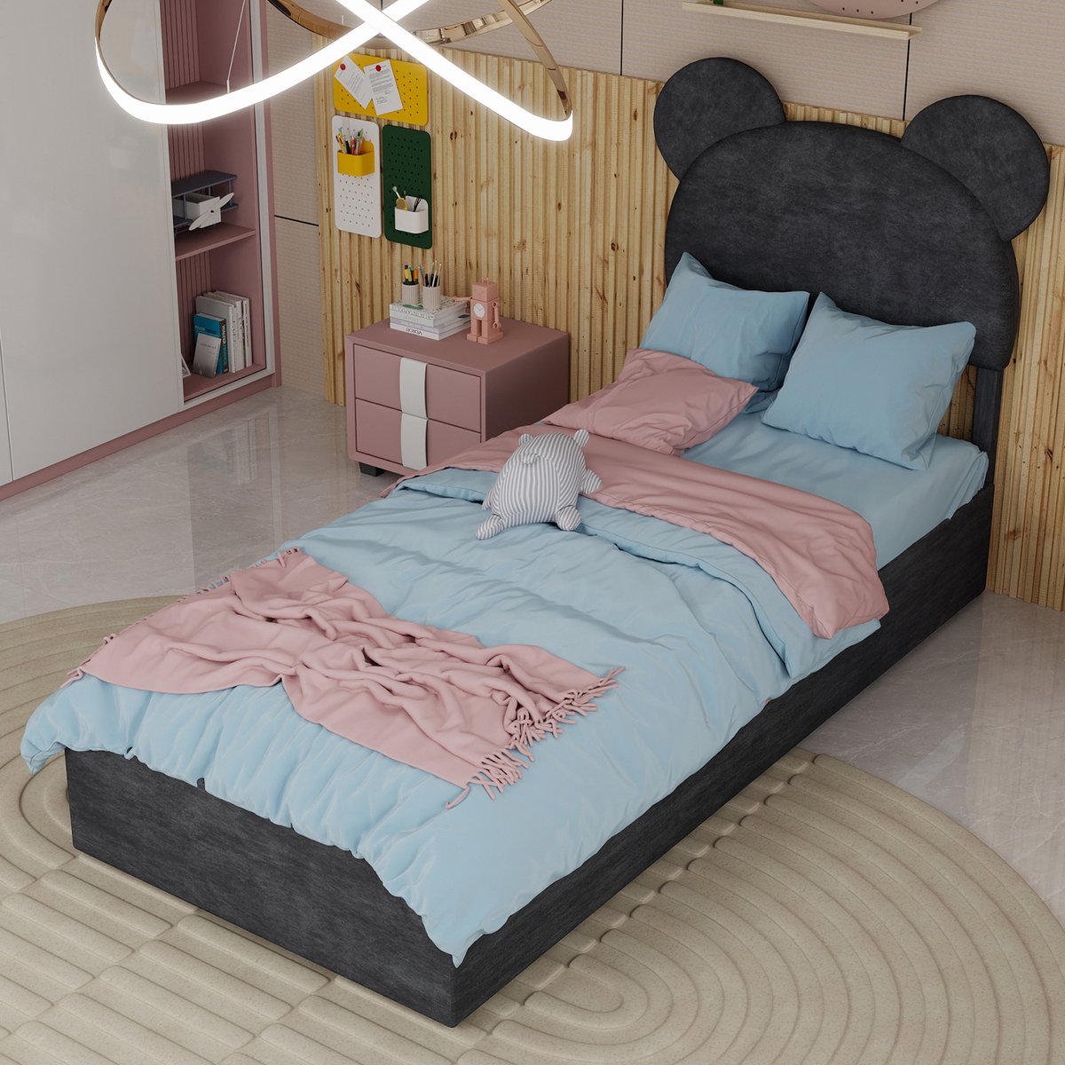 MODENUIT Gestoffeerd Bed 90x200 cm – Cartoonvormig Hoofdbord – Gaslift Opbergruimte – Zonder matras – Grijs