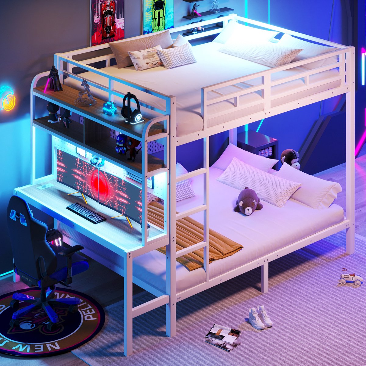 MODENUIT Stapelbed 140x200 cm – Met Bureau, Planken, Ledverlichting en Usb-Aansluiting – Zonder matras – Metaal – Wit