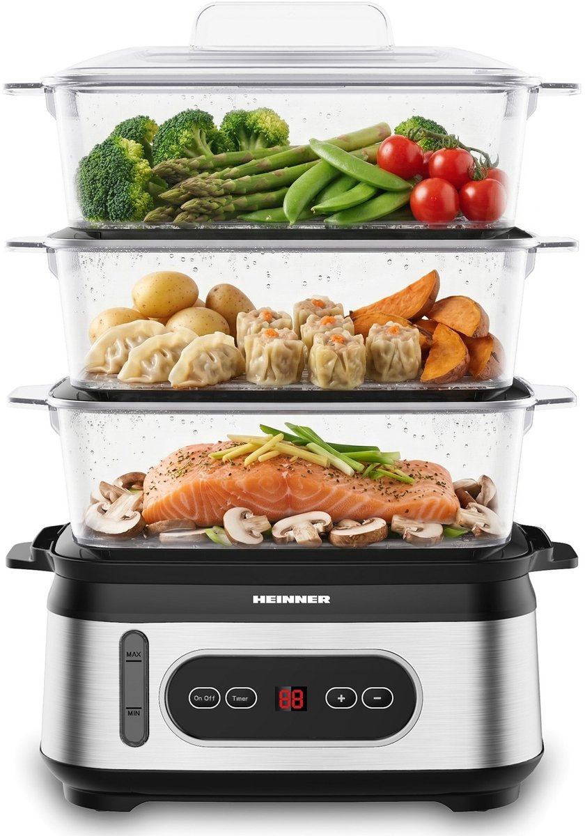 Heinner HSA-D950SS Stoomkoker 9L - Voedselstomer 800-950W met Timer - 3 Lagen BPA-vrij - Voor Groente, Rijst, Vis, Kip & Eieren - LED Display