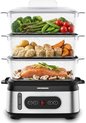 Heinner stoomkoker met 3 lagen, gevuld met zalm, dim sum, aardappelen, groenten en tomaten. Met RVS-look basis en zwart bedieningspaneel.