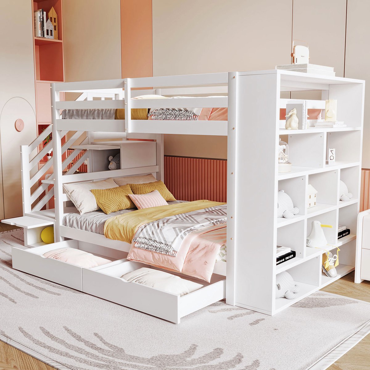 MODENUIT Stapelbed 90x200 cm – Veiligheidstrap met opbergvakken – Laden en kast – Zonder matras – Grenenhout – Wit