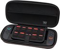 Zwarte Nintendo Switch hoes, geopend, met console en vakken voor spelcartridges.