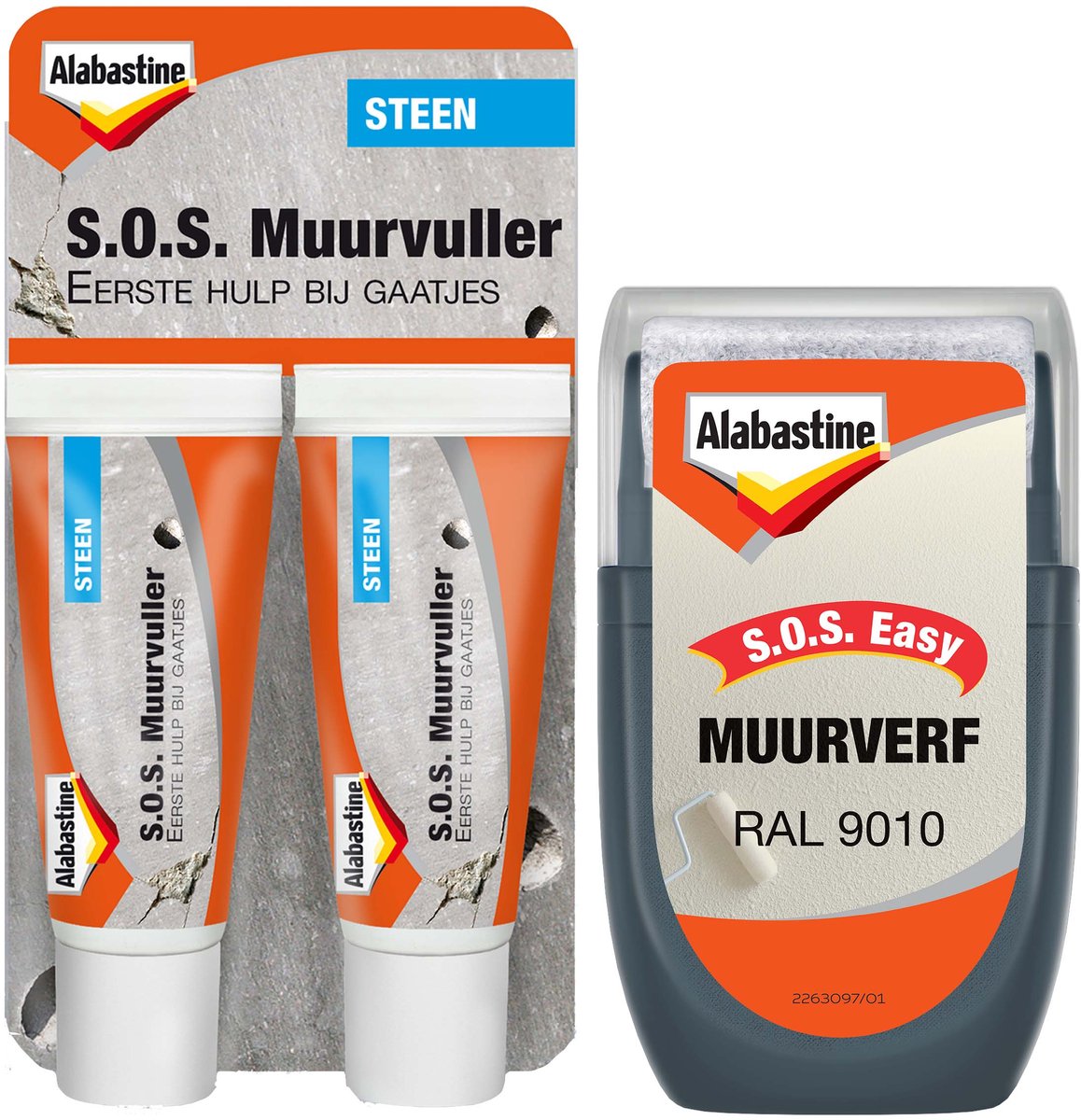Alabastine S.O.S. Muurherstel Bundel - S.O.S. Muurvuller 2 X 20 Ml + S.O.S. Muurverf Aanstipper - Ral 9010 - 30 Ml