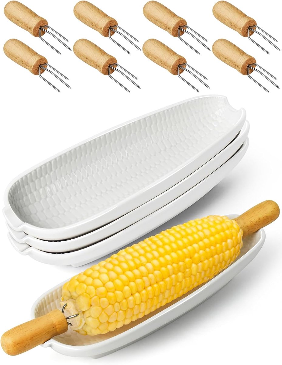 Maïsschotel Set - Maïs Kommetjes - Barbecue en Picknick - Met Houten Houders - 4 Delig - Wit