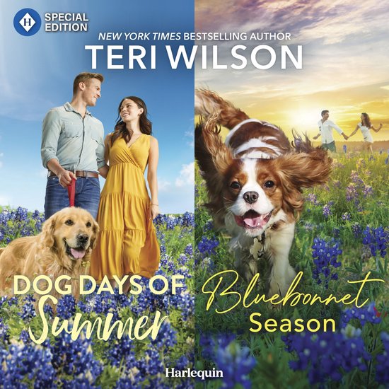Een koppel met hond in een veld vol bloemen. "Dog Days of Summer" en "Bluebonnet Season" door Teri Wilson.