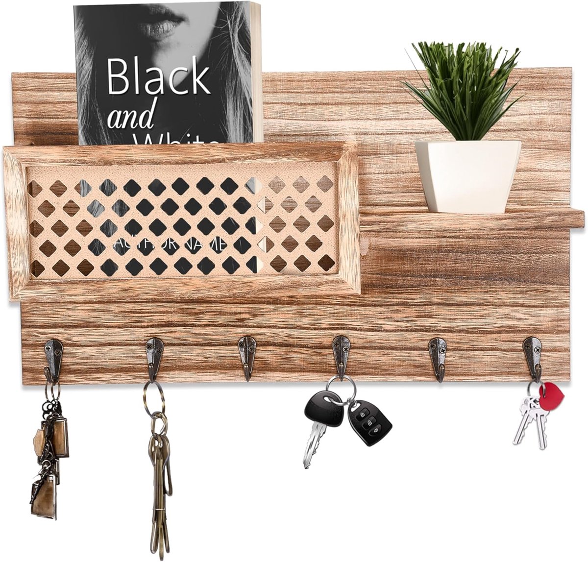 Houten Sleutelhouder - Post Organizer - Entree Opbergen - Met Kapstokhaakjes - 41x24x7cm - Bruin