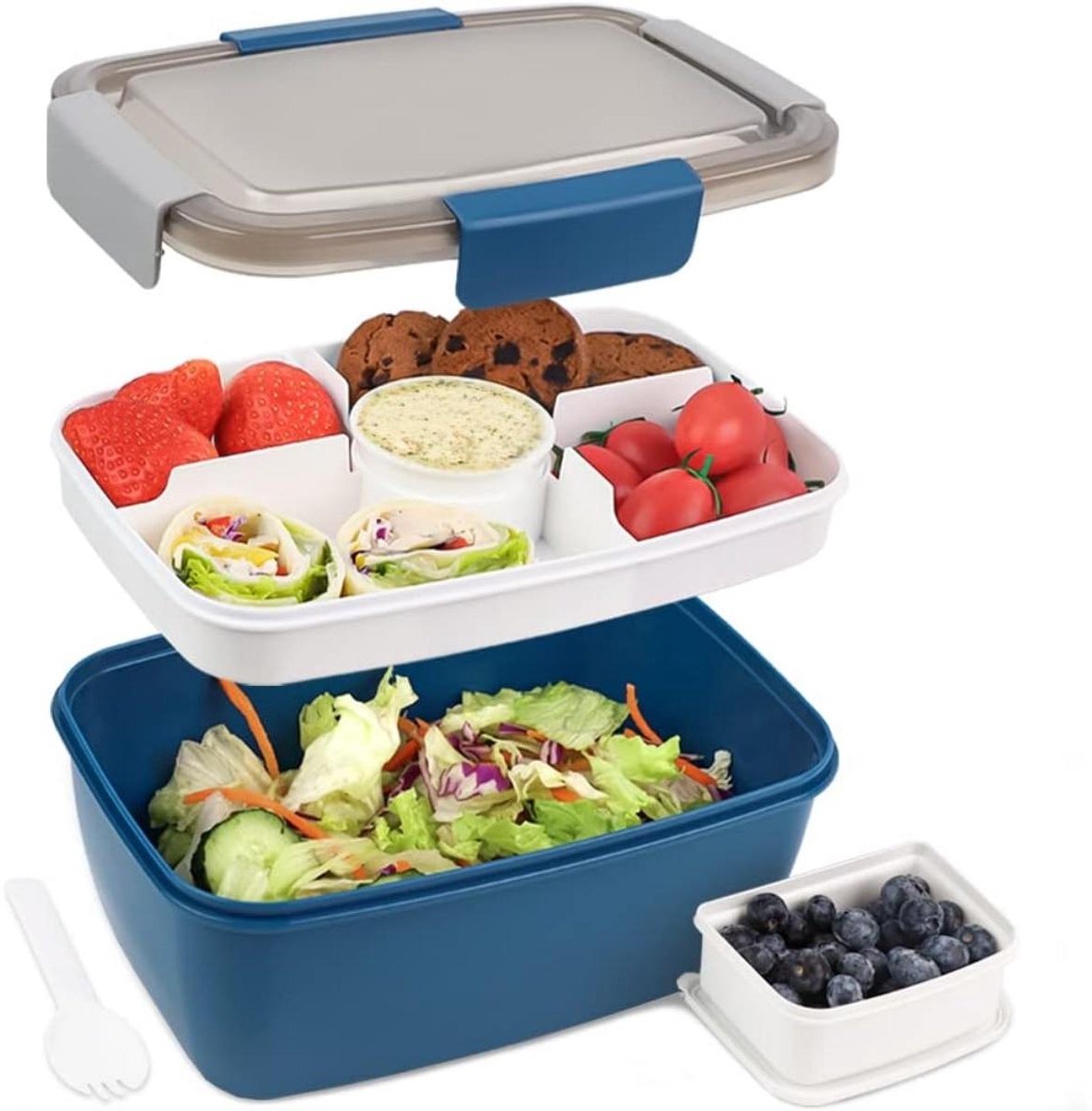 TuseRxln Lunchbox - Bento Box - 2000 ml met Vakken en Sauscup - Blauw