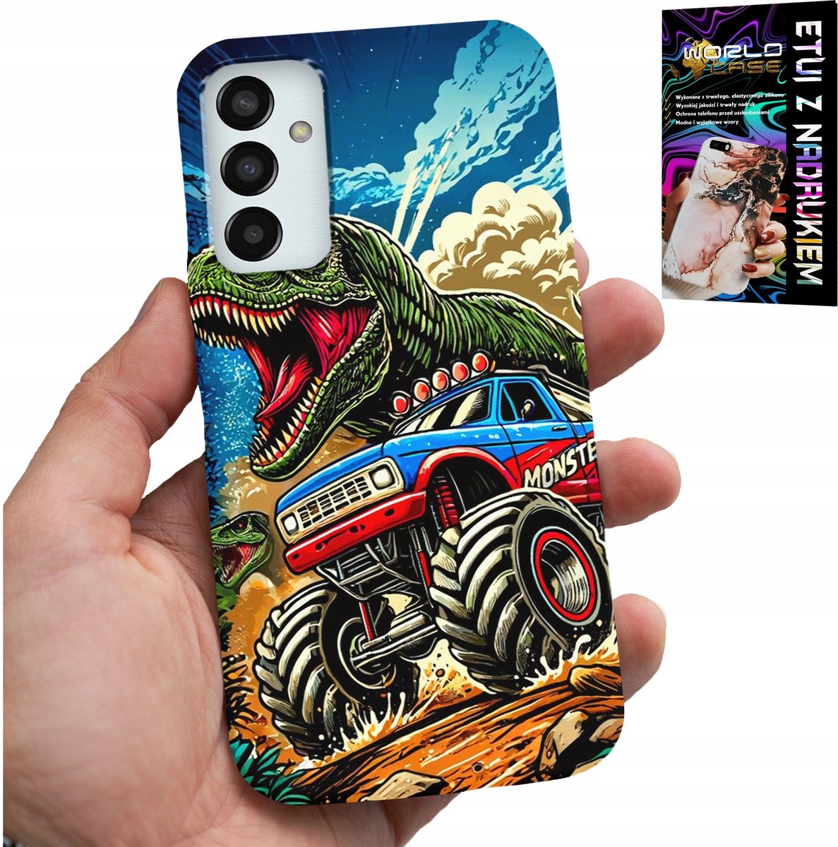 SAMSUNG GALAXY M23 HOESJE - DINOSAURUS IN MONSTERTRUCK PATROON VOOR KINDEREN