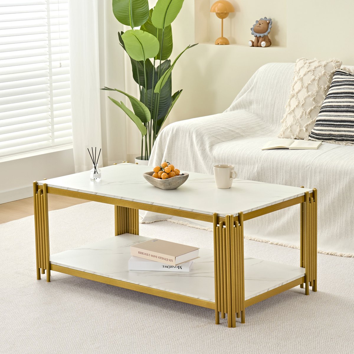 Wishdor - Salontafel - Rechthoekig Met 2 Legplanken - Modern - Voor Woonkamer - MDF En Metaal - Wit En Goud