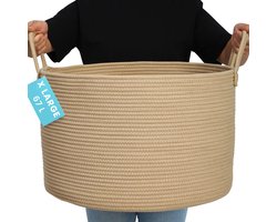 OrganiHaus Ronde Geweven Mand, Geweven Wasmand, Grote Opbergmand, Opbergmand voor Kinderkamer, Opbergmand voor Dekens, Kussens en Speelgoed, Opvouwbaar met Handvat - 50x33cm, Honing