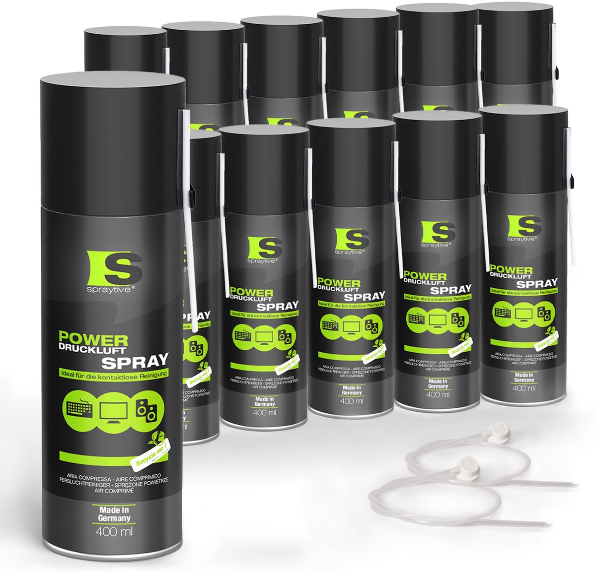 Spraytive 12x 400ml power persluchtspray persluchtreiniger met 10cm spuitrietje voor toetsenbord, pc, ps5, xbox, camera