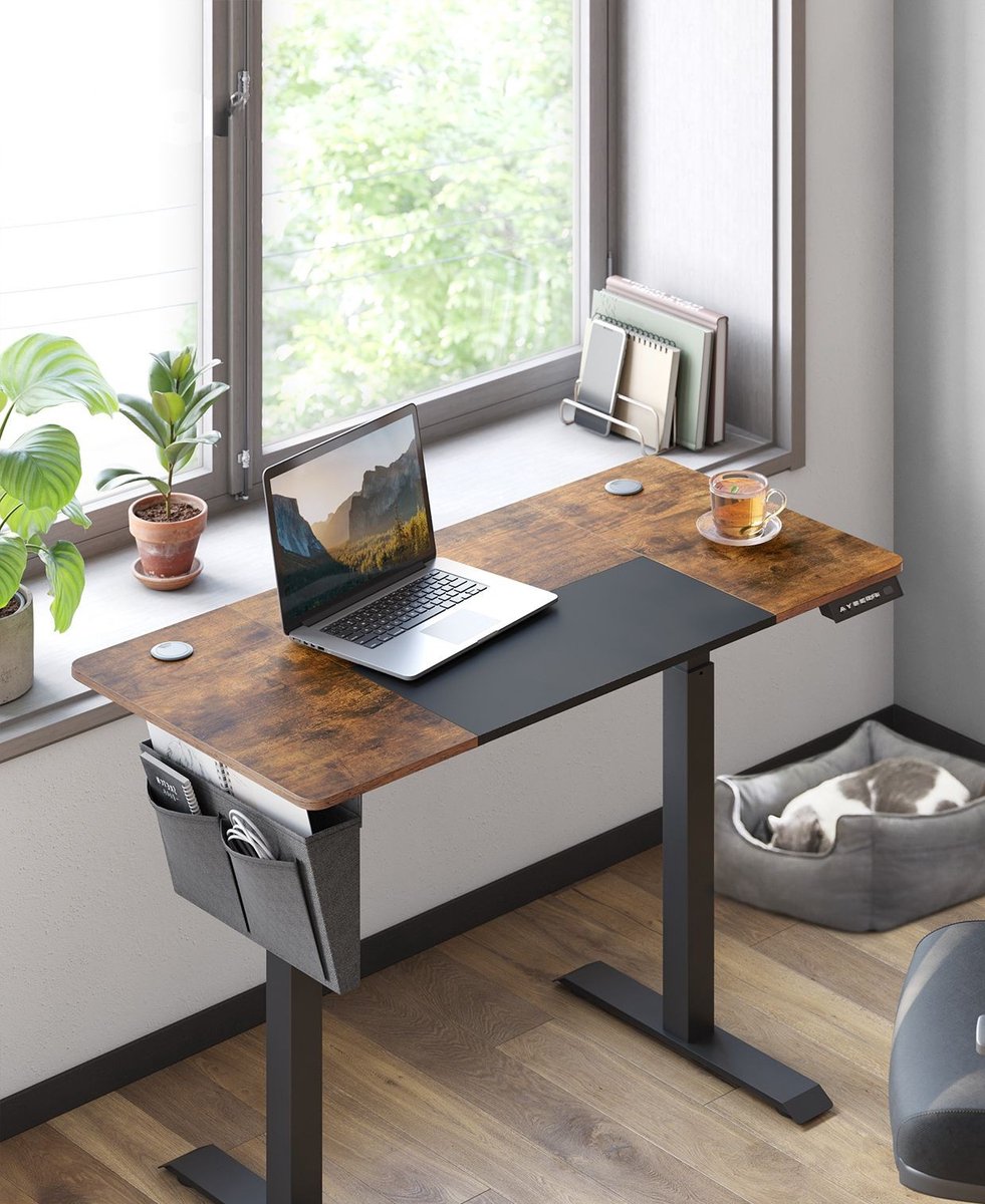 Parya Home Elektrisch Verstelbaar Bureau 140 x 60 cm – Traploos in Hoogte Verstelbaar met 4 Geheugenstanden – Vintage Bruin Houtlook & Zwart Stalen Frame