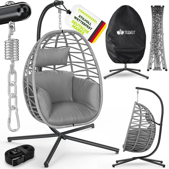 tillvex® Hangstoel met Standaard Outdoor & Weerbestendige Hoes incl. Bevestiging | Hangmand Opklapbaar tot 150 kg | Hangstoel van Rotan | Hangstoel voor Indoor Tuin Balkon Terras