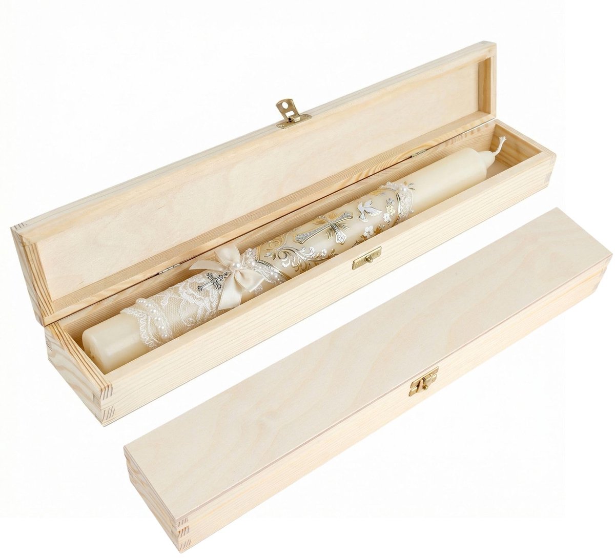 Creative Deco houten kist voor doopkaars en communiekaars | 47 x 7 x 5,5 cm | Houten kist van natuurlijk grenenhout | Doopkaarsenkist voor lange kaars | Doopcadeau voor meisjes en jongens | Herinneringsdoos | Opbergdoos