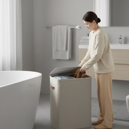 Panier à linge ACAZA avec couvercle - 2 compartiments - 170 L - 56 x 40 x 75 cm - Beige
