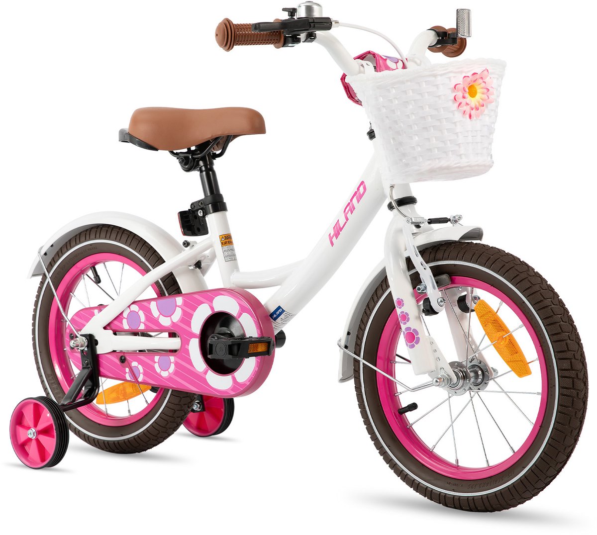 Hiland Kinderfiets - 14 Inch - Voor Jongens & Meisjes - Met Mandje, Bel & Bagagedrager - Inclusief Zijwieltjes - Geschikt voor buitenactiviteiten in de lente