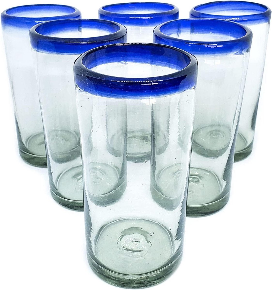 Set van 6 Ijsthee Glazen (590ml) met Cobalt Blauwe Rand - Handgeblazen Gerecycled Glas