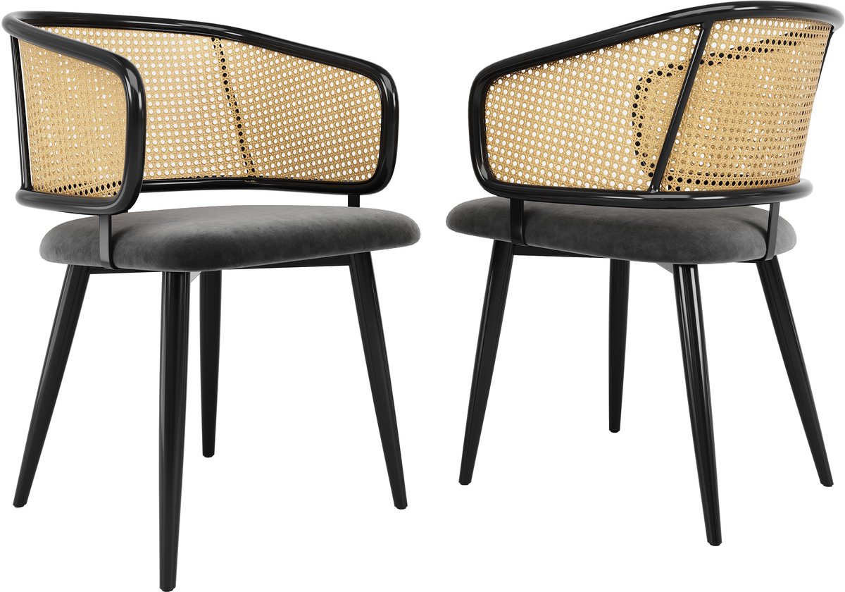 Merax Eetkamerstoelen Set van 2 – Rotan Rugleuning – Fluwelen Zitting – Metalen Poten (houtlook) – Grijs – Modern