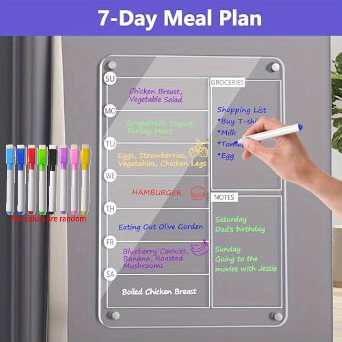Menubord - inclusief 8 stiften - Maaltijdplanner voor op de koelkast - 30 x 20 cm - Acryl - Magnetisch - Uitwisbaar - Kalender/notitieblok - Kan gebruikt worden voor to-do-lijsten, boodschappenlijsten en klusjes - Transparant — cadeau in Kookcadeaus - foto 8