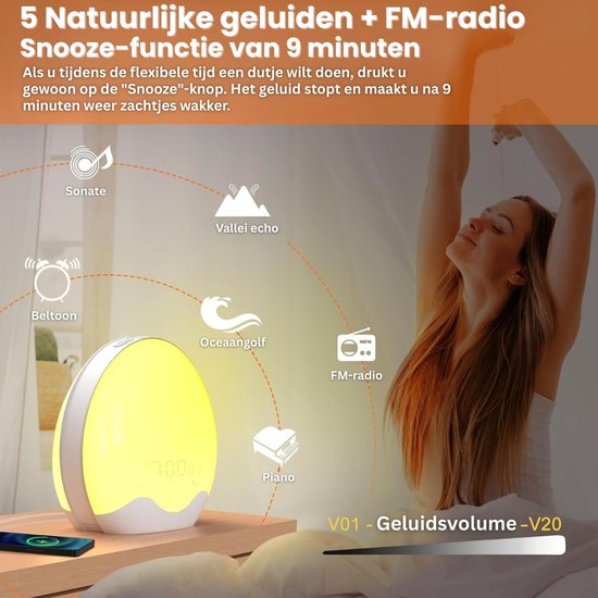 Wekker met Wake-up Light - Nachtlamp Alarmklok - Rustig Wakker Worden - Simuleert Zonsopgang en Zonsondergang — afbeelding 2