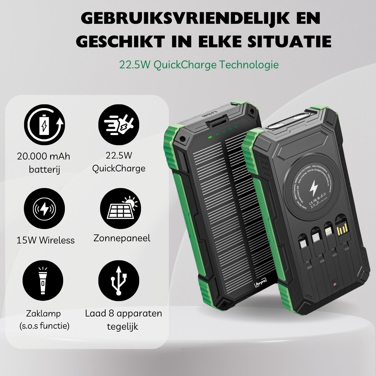 Flex Shoptotaal Avyra® Solar Powerbank 20000mAh met Draadloos Opladen - afbeelding 2