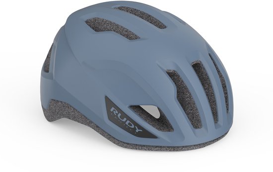 Casque de vélo bleu gris avec aérations et accent gris, marque Rudy Project.