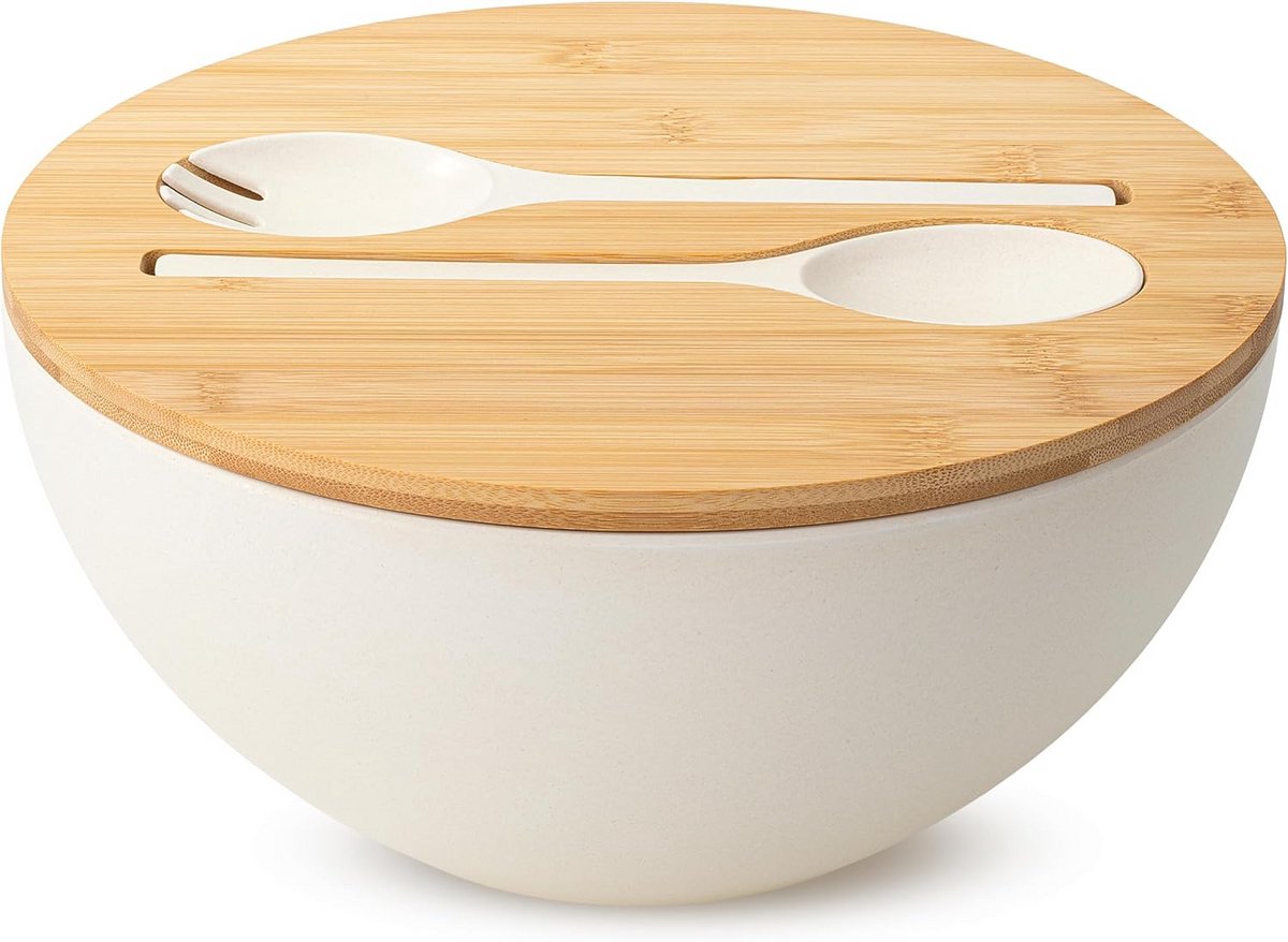 Extra Grote Saladekom van Bamboevezel met Houten Deksel en Serveergerei