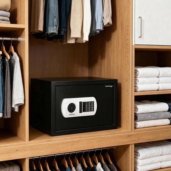 Coffre-fort Earkings 20x32x20 cm avec serrure à combinaison - Coffre-fort pour caisse électronique - Matériel de montage inclus, deux clés d'urgence et serrure d'alarme