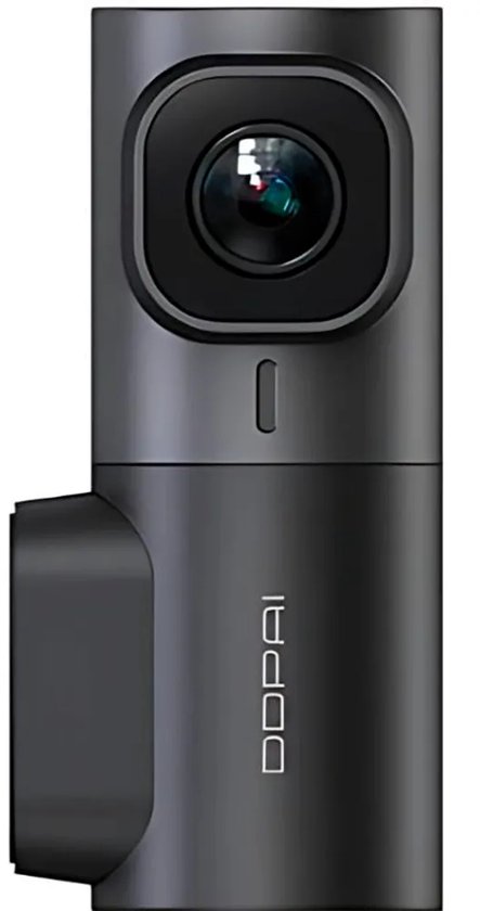 Zwarte dashcam met DDPAI logo, scherpe lens en zwarte behuizing.