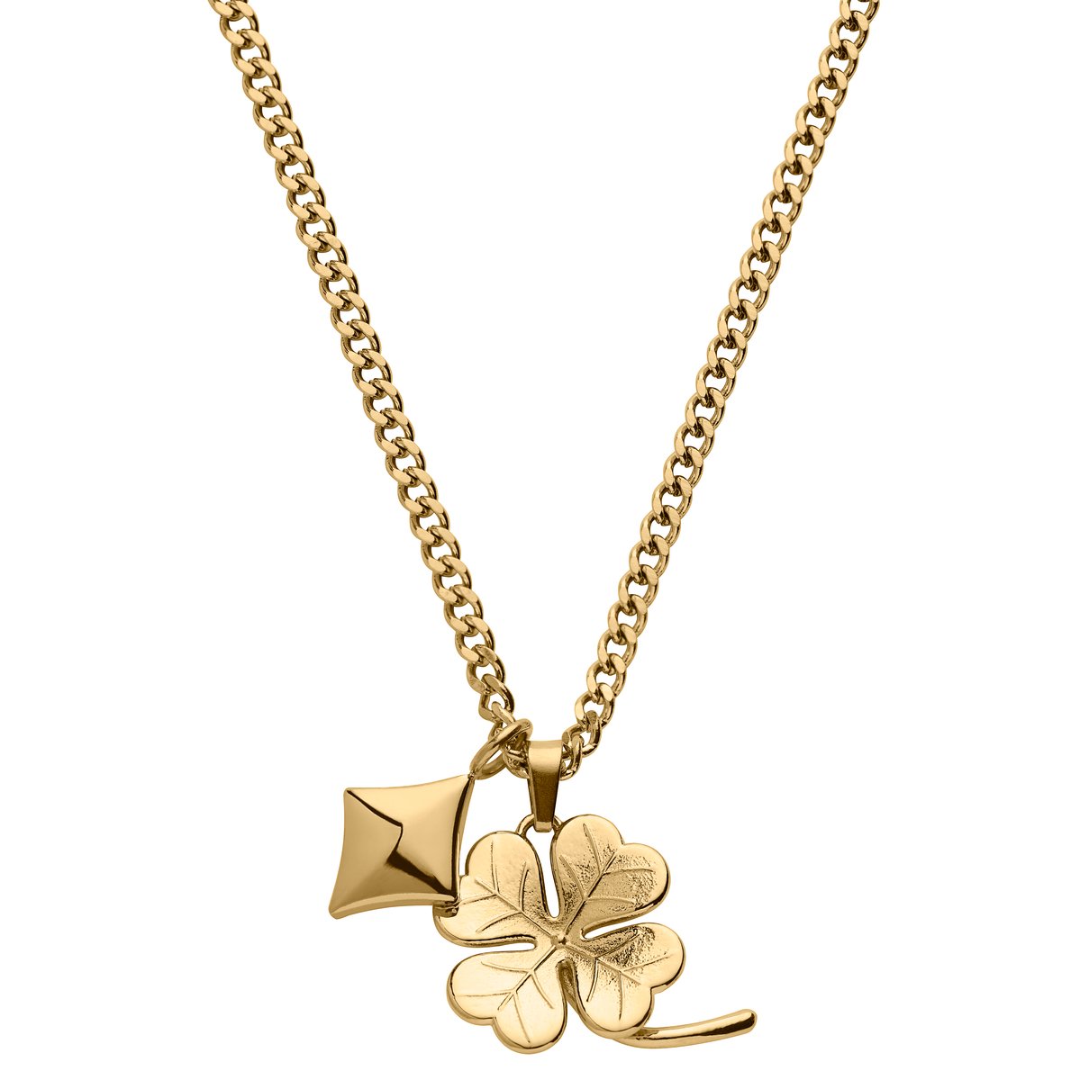 Ace | Goudkleurige Ketting met Dubbele Hanger - Klavertje Vier en Ruiten