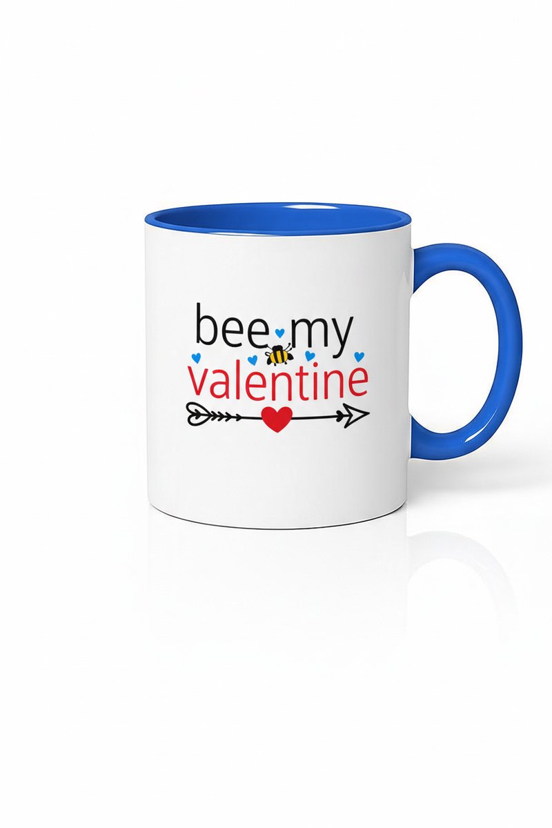 Valentijn Mok 'Bee My Valentine' met Bij, Hartjes en Blauwe Rand - Romantisch Cadeau