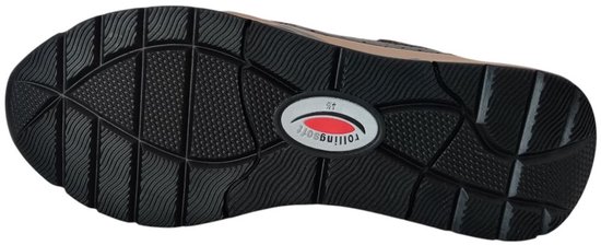 Onderkant van een zwarte Gabor sneaker met "rolling soft" logo en profiel.