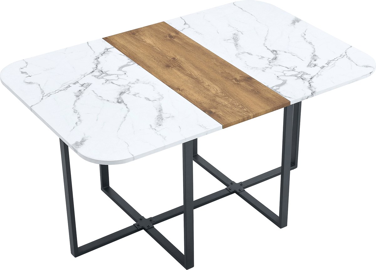 Merax Uitschuifbare Eettafel Met Marmerlook En Houtstrook Met Zwart Metalen Onderstel Ruimtebesparende Keukentafel En Eetkamertafel Voor 4 Tot 6 Mensen