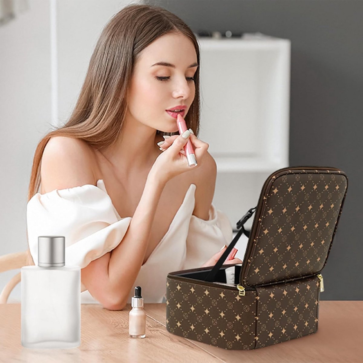 Draagbare Make-up Tas met 360° Draaibare LED Spiegel en Waterdichte Organizer