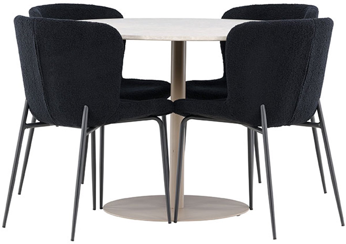 Lycke eethoek tafel Ø110cm en 4 teddy stoelen beige.