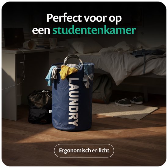 Donkerblauwe wasmand met de tekst 'LAUNDRY', ideaal voor een studentenkamer.