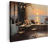 Artaza Tableau sur Toile Terrasse Romantique avec Fleurs et Coucher de Soleil sur la Mer - 120x90 cm - Grand - Décoration Murale Salon - Tableaux - Décoration Murale
