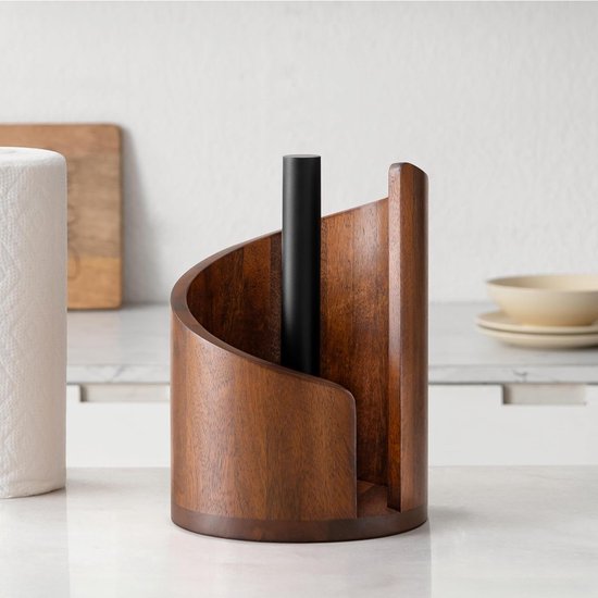 Foto: Keukenrolhouder houten staande rollenhouder sierlijk staand model op ronde basis keuken eettafel organizer met ijzeren frame