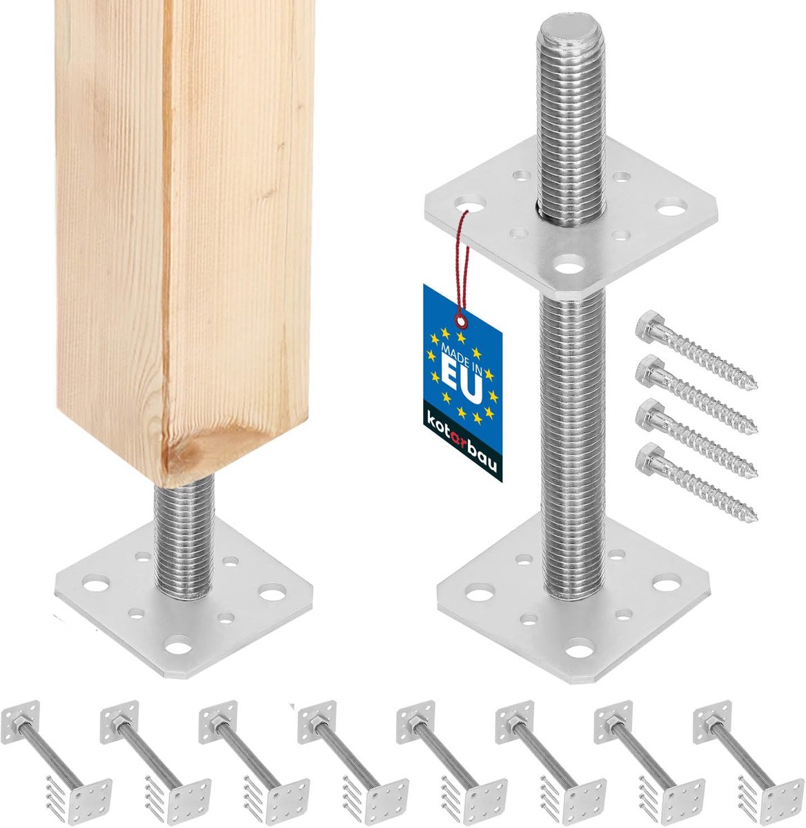 KOTARBAU® 8 stuks Paalhouder, Paalvoet, Verzinkt Staal, 80 x 80 x 250 mm, M24, Zilver, Paalsteun, Regelbare Paalhouder, voor Beton, Verstelbare Paalvoet, Gegalvaniseerde Paaldrager