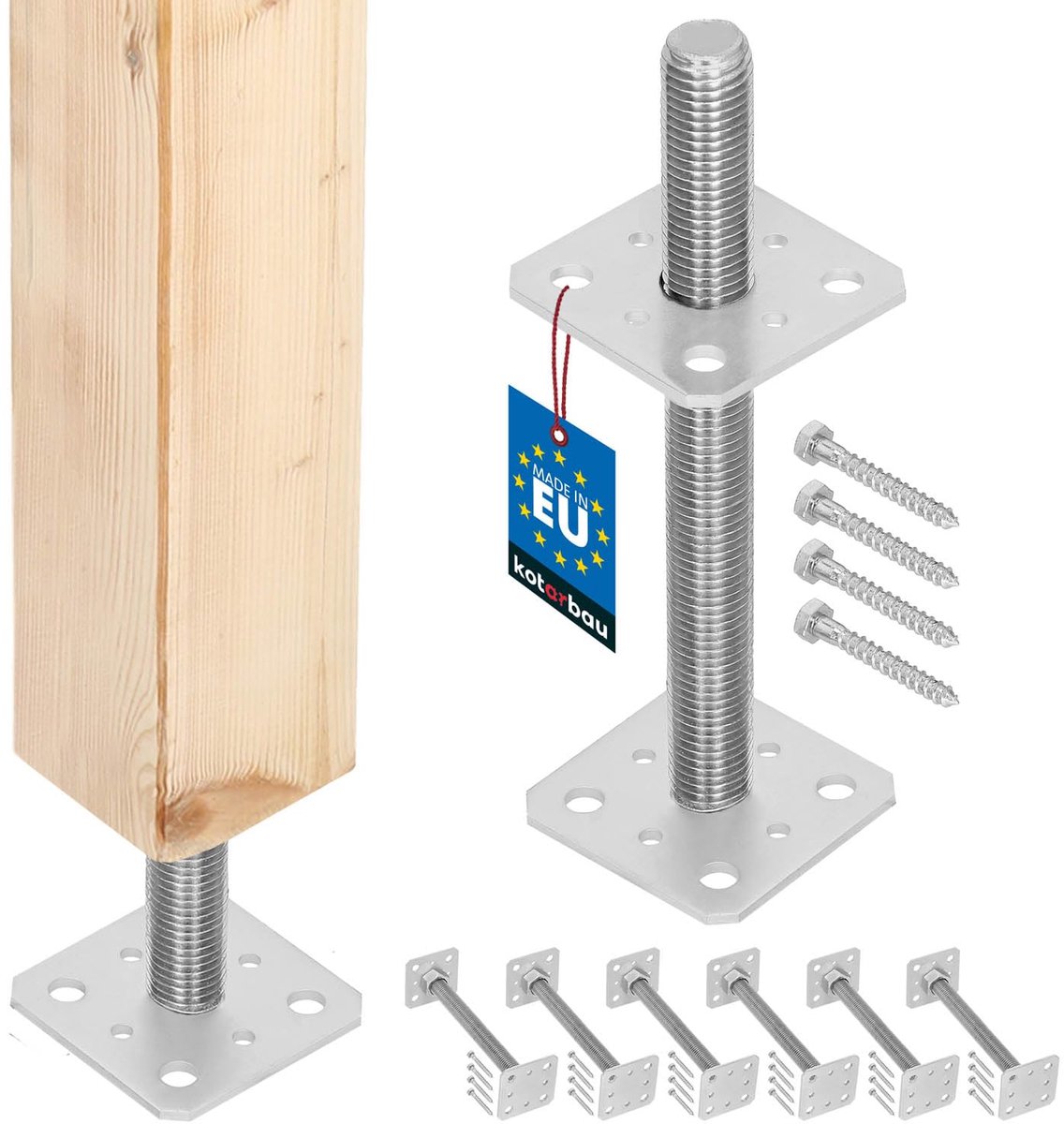 KOTARBAU® 6 stuks Paalhouder, Paalvoet, Verzinkt Staal, 80 x 80 x 250 mm, M24, Zilver, Paalsteun, Regelbare Paalhouder, voor Beton, Verstelbare Paalvoet, Gegalvaniseerde Paaldrager